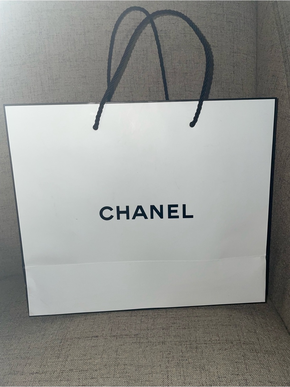 CHANEL White and Black Logo Shopping Bag with Rope Handles